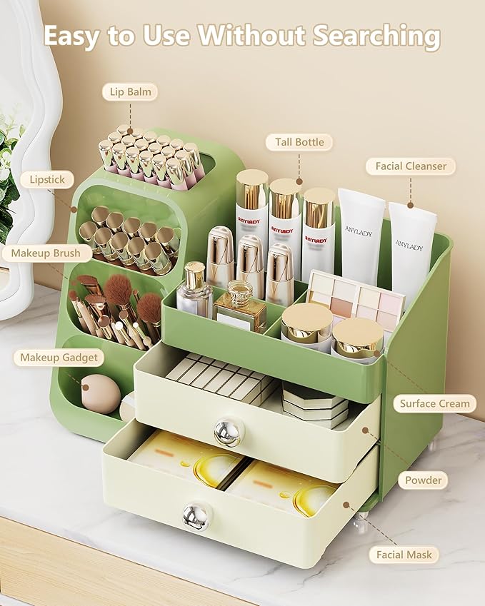 Makeup Organizer with Drawers, Skincare Organizer (Large Size Thick), Storage Box Cosmetic Display Cases, Make up Organizers for Vanity, Dresser, Desk, Kitchen, Countertop (green)