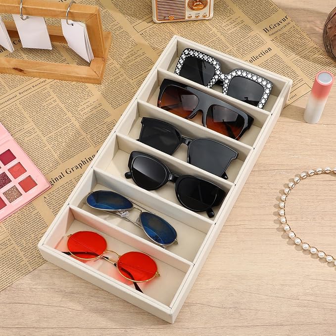 2 Pack Sunglasses Organizer Tray 6 Grid Jewelry Glasses Holder Storage Organizer Drawer Eyeglasses Sunglasses Display Velvet Tray for Women Glasses Jewelry Display Watch (Beige)