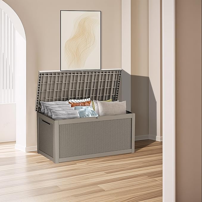 320 Gallon Lockable Resin Deck Box, Waterproof & UV-Resistant Outdoor Storage Box for Outdoor Cushion Storage, Garden Tools Accessories Storage, Gray