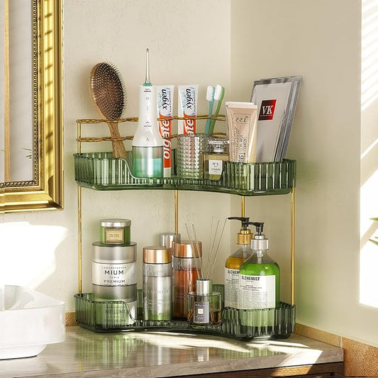 2-Tier Corner Bathroom Counter Organizer Makeup Cosmetic Storage, Tool-Free Installation Acrylic Vanity Shelf, Skin Care Organizer Perfume Tray for Countertop Bathroom, Dresser, Kitchen (Green)