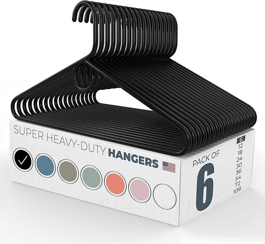 Neaties Super Heavy Duty Clothes Hangers 6 Pack – Made in The USA - 10lb Capacity, Thick Plastic Hangers for Pants, Coats, Jackets, Jeans and Adult Clothing – Black