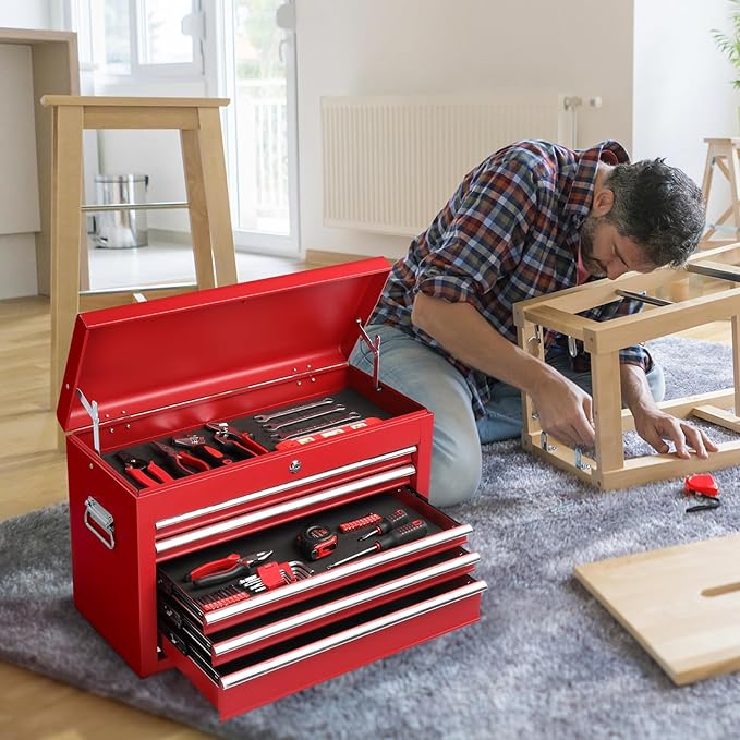Winado 24" Portable Tool Box, 5 Drawers & Top Storage Tray Tool Box with Drawers, Lockable Metal Tool Chest Cabinet for Garage, Warehouse, Repair Shop & Home, Red