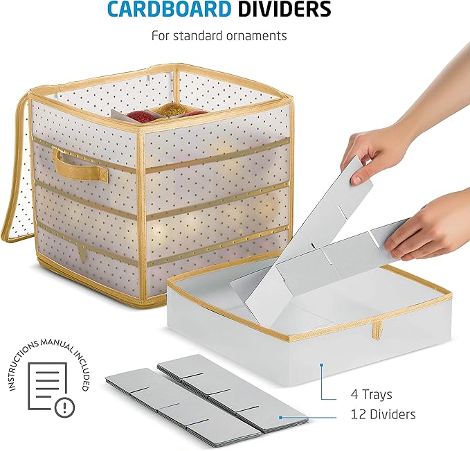 ZOBER Christmas Ornament Storage Box Plastic - Stores 64 3" Ornaments with Individual Trays - Ornament Organizer Storage Box, Durable Christmas Containers Holder - Gold