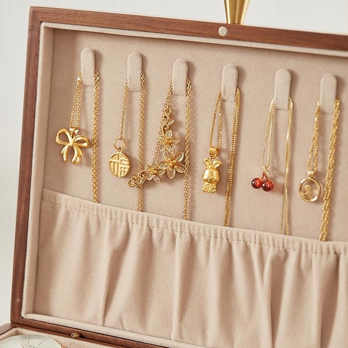 CHOSIN Black Walnut Wooden Jewelry Box for Women 2 Layer Jewelry Organizer with Removable Tray for Watches Rings Earrings Necklace Bracelets Storage Valentine's Day Gifts