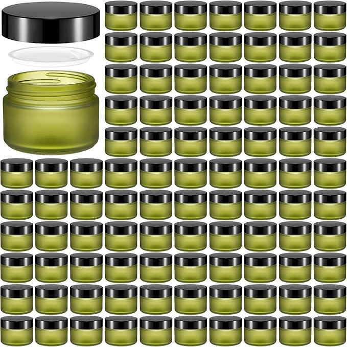 Domensi 100 Pcs 1 oz Glass Jars with Lids Bulk Round Glass Cosmetic Jars for DIY Lip Balm Small Travel Containers with Inner Liner for Lotions Powders Ointments Sample Cream(Bean Green,Black)