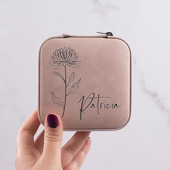Custom Leather Customized Jewelry Organizer Box w/Name & Birth Flower Month - Birthday Gifts for Women, Mom Personalized Jewelry Travel Case - Beige