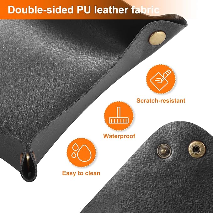 HARFINGTON 4pcs PU Leather Valet Tray Unisex Folding Small Catchall Tray Portable Entryway Table Tray Nightstand Bedside Desk Tray for Key Wallet Watch Coin Jewelry Dice, Black