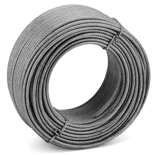 MOUYAT 164FT x 1/4 Inch Stainless Steel Wire Rope, 7 x 19 Strands Construction Aircraft Cable, Metal Strong Hanging Cable Wire Rope for Winch, Clothesline, Garden Fence, 6400 LBS Breaking Strength