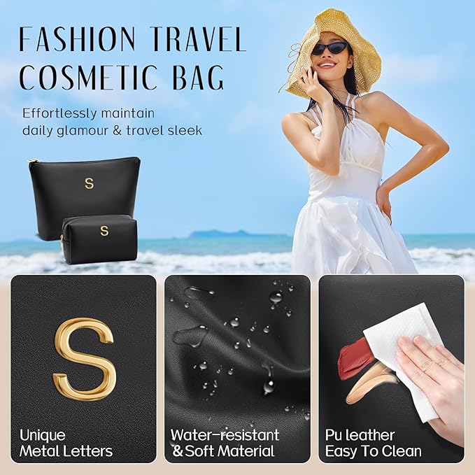 Valentine's Day Gifts for Women Girlfriend Initial Makeup Bag for Teen Girls Personalized Gifts for Friend Teacher Mom Wife Cosmetic Travel Toiletry Bag(Black,S)