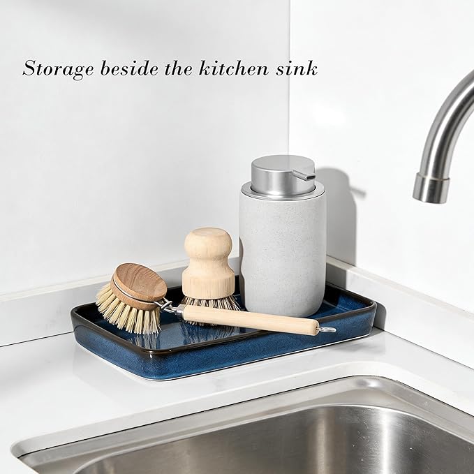 10"×6"×1" Bathroom Vanity Tray for Countertop- Ceramic Decorative Organizer Tray for Dresser Tops, Toilet, Perfume, Sponge Holder Soap Dish Dispenser for Kitchen Counter- Kiln-Transformed Blue