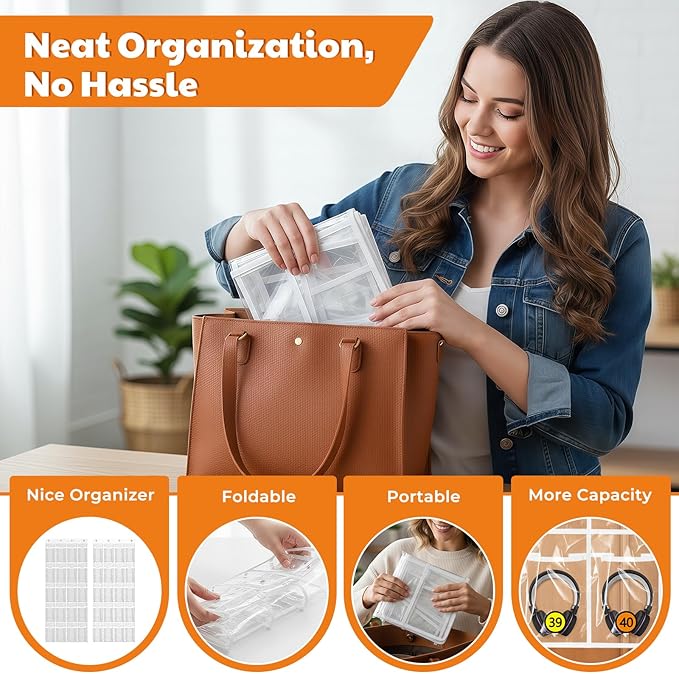 2 Pack Classroom Headphone Storage Organizer with 40 Pockets, PVC Clear Headphone Holder for Classroom Storage Office School Teaching Aids Storage Home Over-the-Door Hanging Bag with 102 Labels (2pcs)
