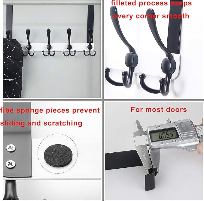 Dseap Over The Door Hook Hanger - Fits 1 3/8" to 1 3/4" Standard Doors | 5 Tri Hooks Heavy Duty Towel/Coat Rack | Door Organizer for Clothes, Jackets, Hats, Towels, White & Black