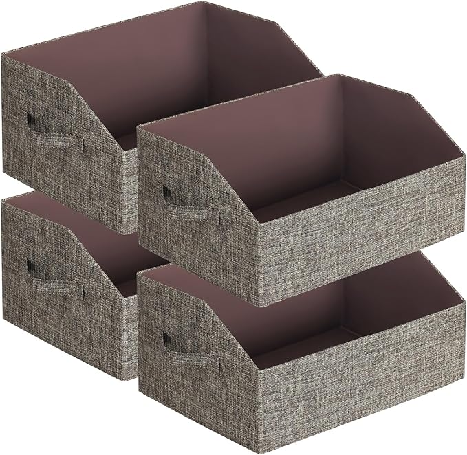 Closet Organizer Bins, Fabric Storage Bins Foldable Storage Box Shelf Baskets Container Trapezoid Storage Bin for Organizing Home Office Shelves Wardrobe RV, 4 Pack, Brown