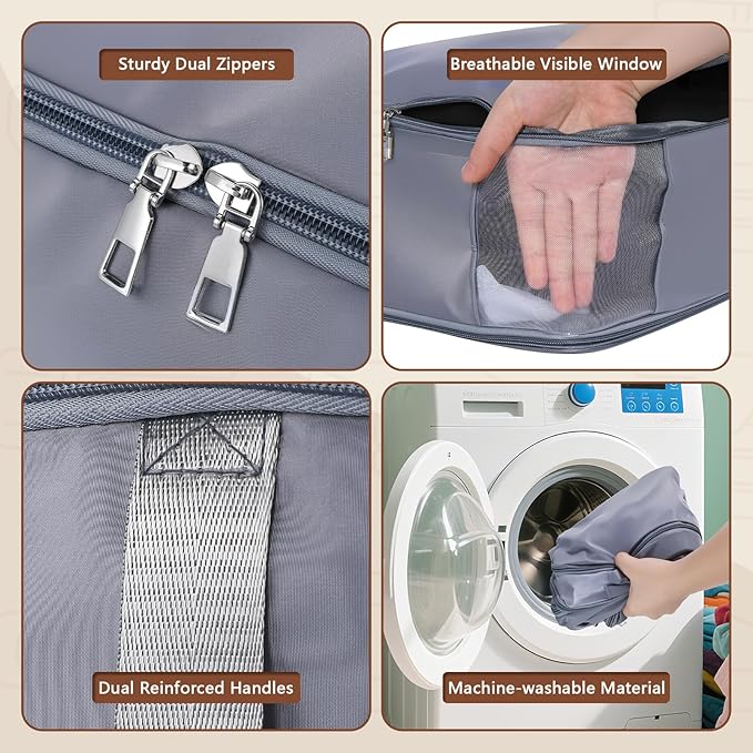 Comforter Storage Bag, Large Capacity Blanket Storage Bags with Visual Window, Ultra Space Saving Self Compression Organizer, Washable Compression Bag for Down Jacket, Pillow, Bedding, 2-Pack 40L Gray