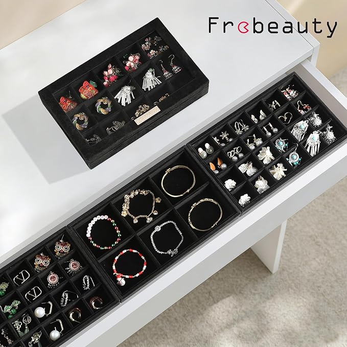 Frebeauty Stackable Jewelry Trays with Lid,Velvet Earring Organizer Tray,5-in-1 Jewelry Organizer for Drawer Vanity Dresser,Jewelry Storage for Studs Bracelets,10.5 x 6.5 x 5.55 Inches,Gift for Women