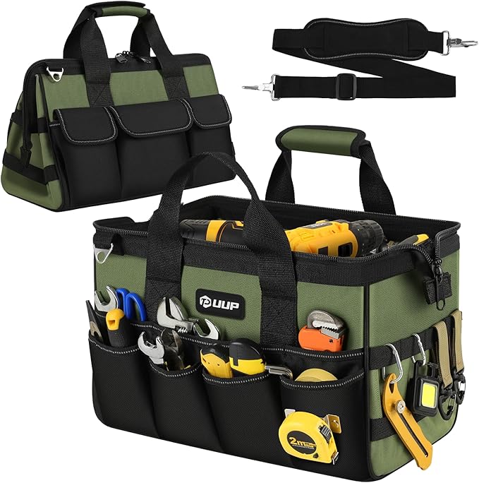 Heavy Duty Tool Bag 15-Inch, 16-Pocket Portable Empty Tool Box Organizer, Big Storage Toolbox Organization, Soft Handle Large Zipper Carrying Toolbag, Valentines Day Gifts for Him Dad Men, Green