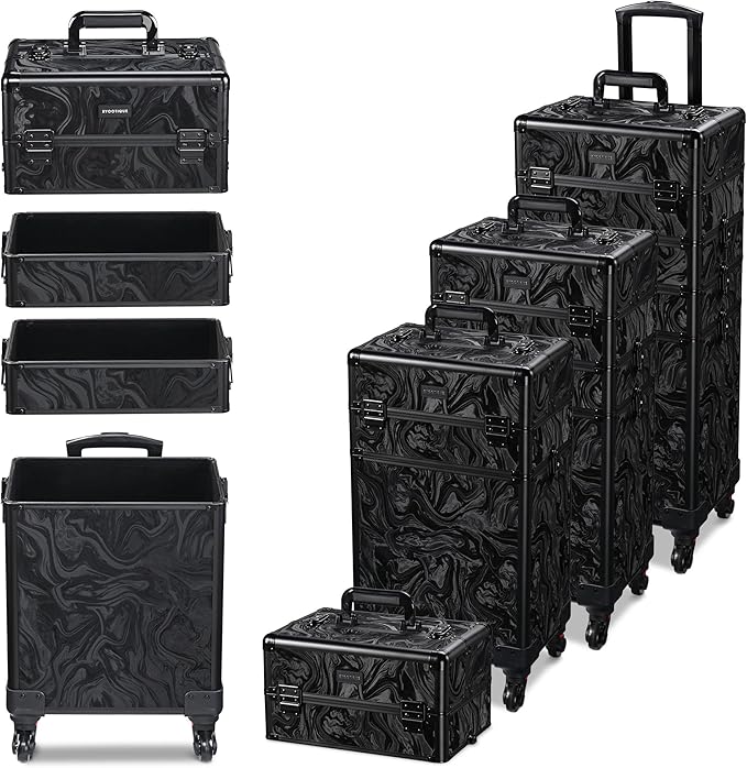 BYOOTIQUE Rolling Makeup Train Case on Wheels 3-Piece Cosmetology Organizer Kit Trolley Organizer Lockable Salon Hairstylist Traveling Cart bag for Nail Slon Esthetician,CTB Black