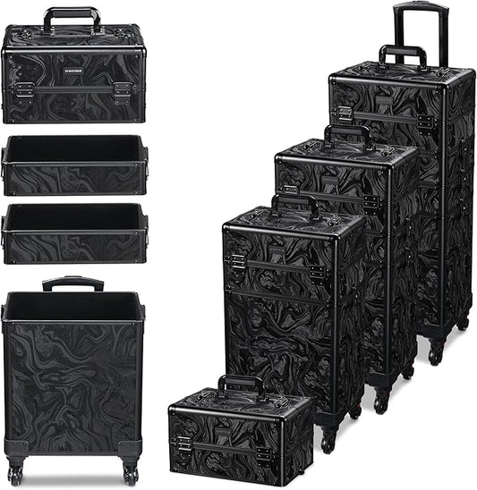 BYOOTIQUE Rolling Makeup Train Case on Wheels 3-Piece Cosmetology Organizer Kit Trolley Organizer Lockable Salon Hairstylist Traveling Cart bag for Nail Slon Esthetician,CTB Black