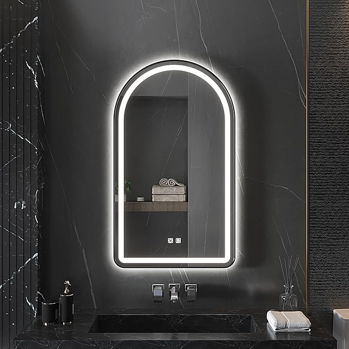 24x36 inch Black Tempered Glass LED Arched Mirror for Bathroom Vanity Mirror or Wall Decor Arch Mirror Brushed Metal Frame Wall Mounted Mirror for Bathroom