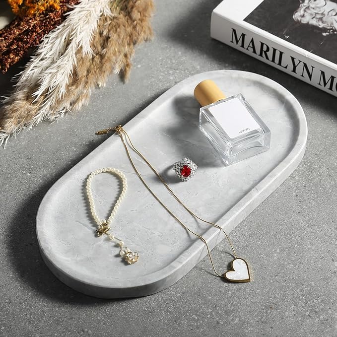 Koville Grey Marble Tray for Bathroom Countertop, 12"x6" Vanity Decorative Marble Tray for Dresser, Stone Catchall Trays for Perfume, Candles, Jewelry, Stone Gray Storage Trays for Home Decor