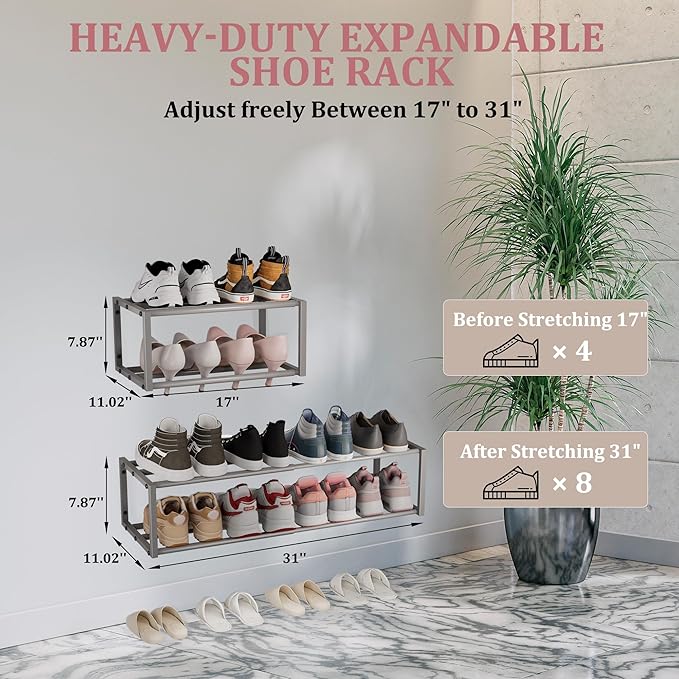 Expandable Wall Mounted Shoe Rack, 17"-31" Adjustable Hanging Shoe Rack Holds 8 Pairs, Heavy Duty Metal Shoe Holder with 2 Storage Hooks, Space Saving for Entryway Closet Doorway（Grey）