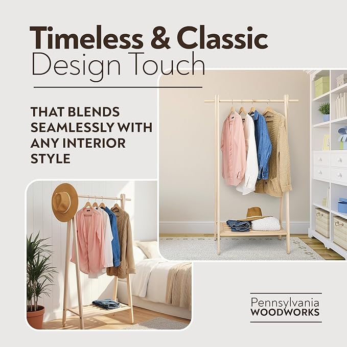 Pennsylvania Woodworks Handcrafted Maple Garment Rack - Sleek & Stylish Clothing Storage, Home Organization, Boutique Display, Coat Rack, Laundry Room Decor - Made in the USA (Medium)