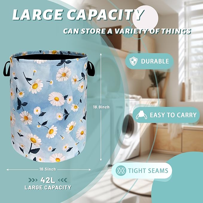 Cute Daisy Floral Laundry Hamper Foldable With Handles Flowers Tote Bag Oxford Cloth Colorful Laundry Basket Clothes Toy Storage Bucket 18.9" x 16.5" For Bathroom/Laundry/Bedroom