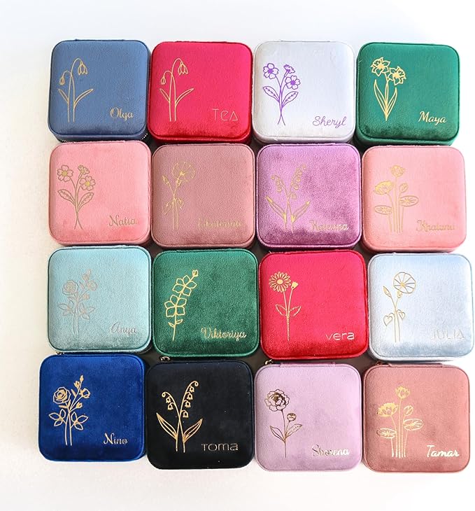 Customizable Compact Velvet Jewelry Box with Mirror, Travel Jewelry Case, Travel Jewelry Organizer, Jewelry Box for Women and Girls, Small Jewelry Organizer (Flower Design, Milky Gray)