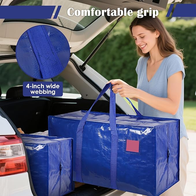 12 Pack Extra Large Heavy Duty Moving Bags with Reinforced Zipper & Wide Handles, Waterproof Storage Bins Packing Cubes for Clothes, College Dorm, Travel, and Home Organization, Blue