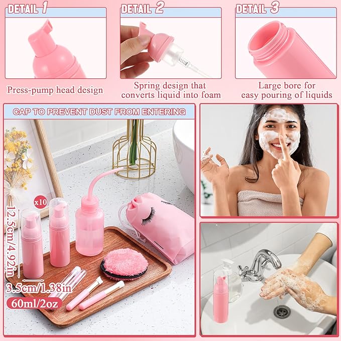 60 Pcs Lash Shampoo Brushes Set 10 Lash Shampoo Brushes 10 Mascara Tubes and Wands 10 Foam Pump Bottle 10 Cleaning Rinse Bottles 10 Makeup Remover Pad 10 Aftercare Drawstring Bag(Pink)