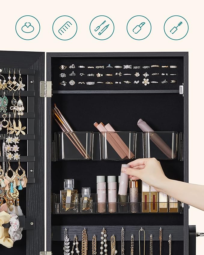 SONGMICS Jewelry Cabinet Armoire, Freestanding Lockable Storage Organizer Unit with 2 Plastic Cosmetic Storage, Full-Length Frameless Mirror, for Necklace Earring, Black UJJC002B01