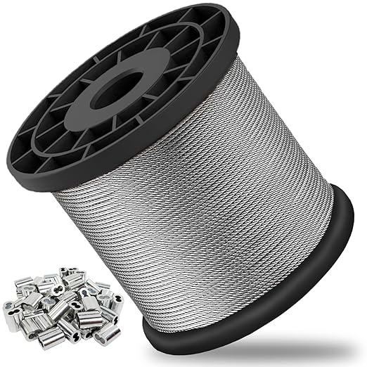 1/16 Wire Rope, 1000FT 304 Stainless Steel Cable with 300Pcs Crimp Sleeves, Aircraft Grade, 7x7 Strand, 368lbs Breaking Strength, for Garden Trellis, Clothesline, Railing,Trellis