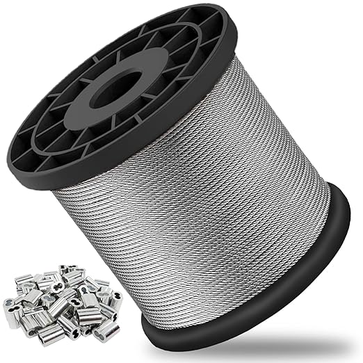 1/16 Wire Rope, 800FT 304 Stainless Steel Cable with 250Pcs Crimp Sleeves, Aircraft Grade, 7x7 Strand, 368lbs Breaking Strength, for Garden Trellis, Clothesline, Railing,Trellis