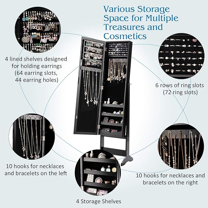 GOFLAME Jewelry Cabinet, Jewelry Organizer with Full Length Mirror Door, Standing Makeup Mirror Cabinet, Freestanding Jewelry Organizer with Large Storage Capacity (Black)