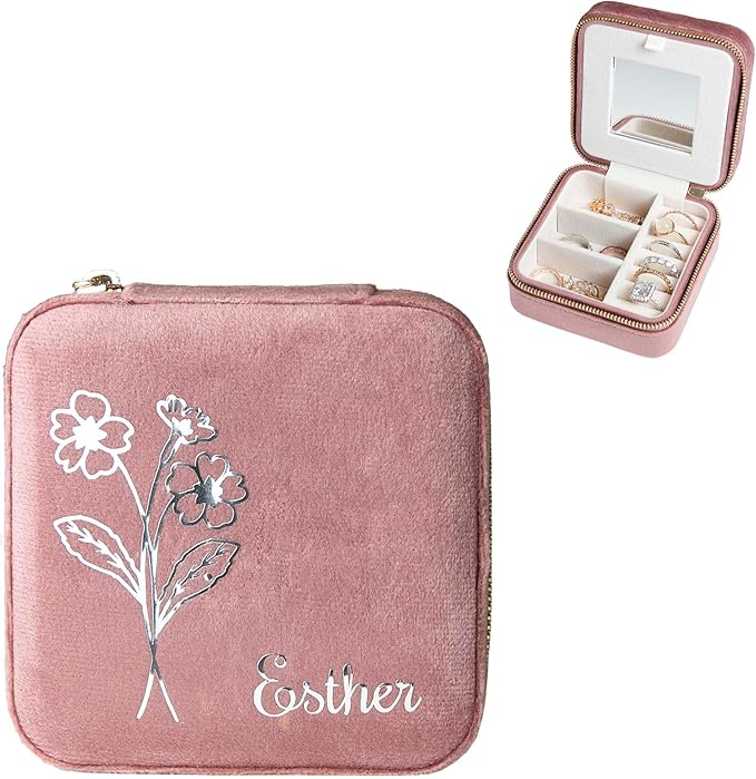 Customizable Compact Velvet Jewelry Box with Mirror, Travel Jewelry Case, Travel Jewelry Organizer, Jewelry Box for Women and Girls, Small Jewelry Organizer (Flower Design, Nude Pink)
