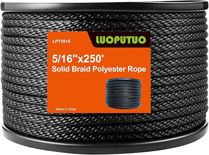 5/16 Inch 250FT Black Polyester Solid Braid Rope | High UV & Abrasion Resistance | Industrial Grade, Low Stretch | Multipurpose for Flag Poles, Clotheslines