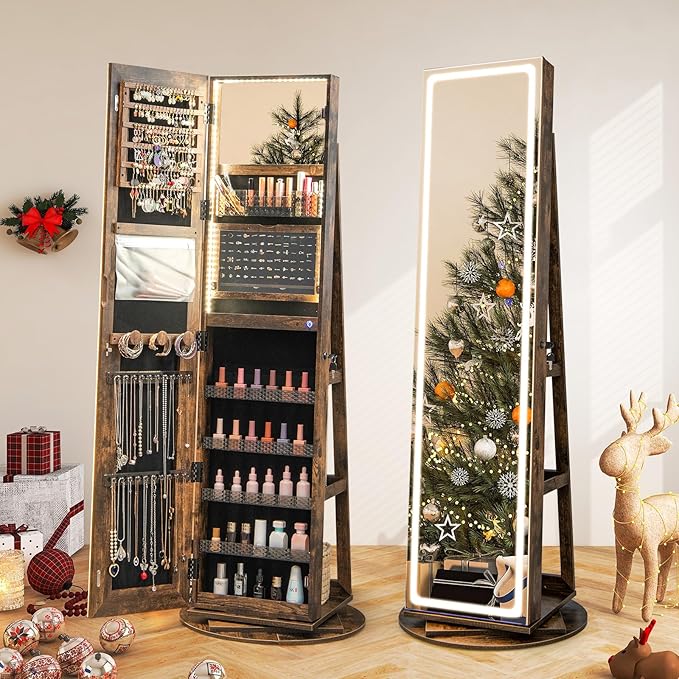 GOFLAME 360° Swivel Jewelry Cabinet Armoire with Full Length Mirror, Standing Jewelry Storage Organizer with Rear Storage Shelves, 3-Color LED Lights, Foldable Shelf, Interior Mirror, Rustic Brown