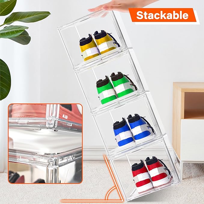 1 Pack Drop Front Clear Shoe Boxes Fit Size 13, Acrylic Shoe Organizer Stackable with Front Magnetic Door for Closet, Entryway, Underbed, Multiple Clear Display Cases for Hats, Figures, Sneakers