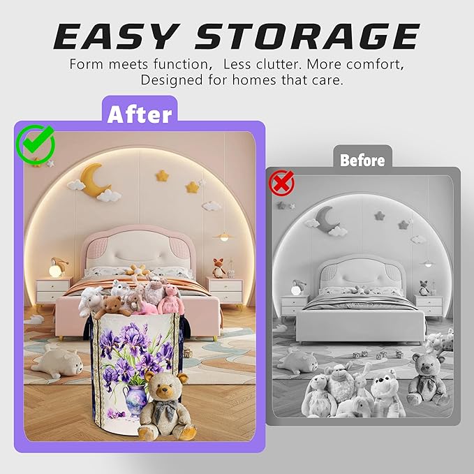 Iris Flower Laundry Basket Purple Floral Oxford Cloth Laundry Hamper Funny With Handle Foldable Portable Clothes Storage Basket 18.9 X 16.5 In Storage Bag For Laundry Room/Bathroom/Bedroom/Dormitories