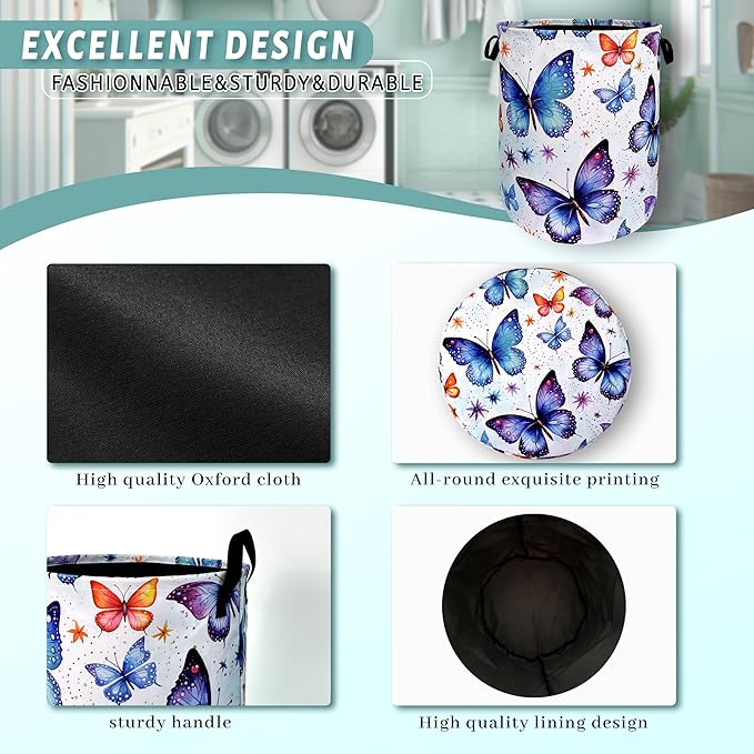 Beautiful Butterfly Laundry Hamper Foldable With Handles Tote Bag Universal Oxford Cloth Colorful Laundry Basket Clothes Toy Storage Bucket 18.9" x 16.5" For Bathroom/Laundry/Bedroom