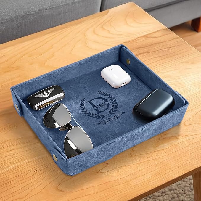 Engraved Leather Valet Tray for Men – Personalized Catchall with Custom Name for Desk, Dresser, Nightstand – Men's Organizer Tray for Keys, Wallet, Jewelry, Personalized Gift for Home, Office - Blue