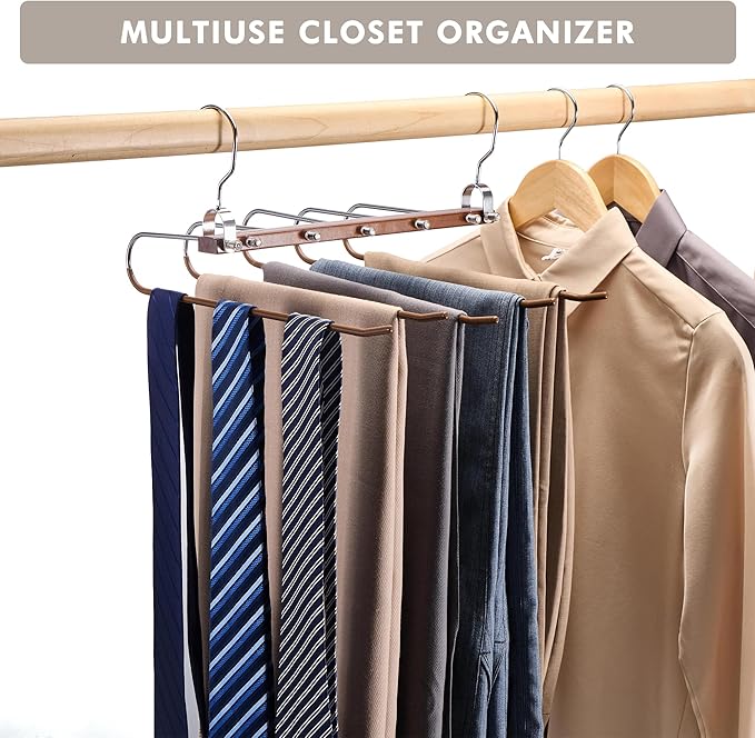 HOUSE DAY Pants Hangers Space Saving, Wood Jean Hangers for Closet, Non Slip Multi functional Pants Rack Hanger Multiuse Pant Organizer For Closet Space Saving Hangers for Pants, Scarfs (2PACK,Walnut)