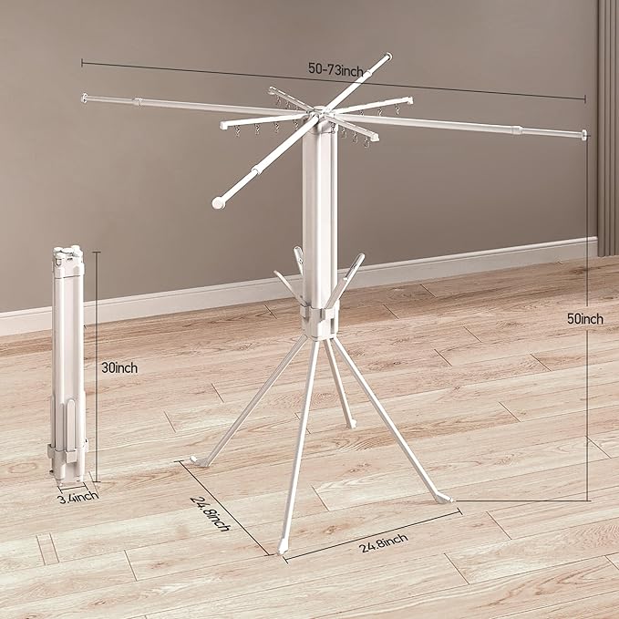 Clothes Drying Rack, Telescoping Tripod Foldable Laundry Dryer, Portable Space Saving Garment Organizer for Laundry Room, Bedroom, Balcony, Apartment & Dorm