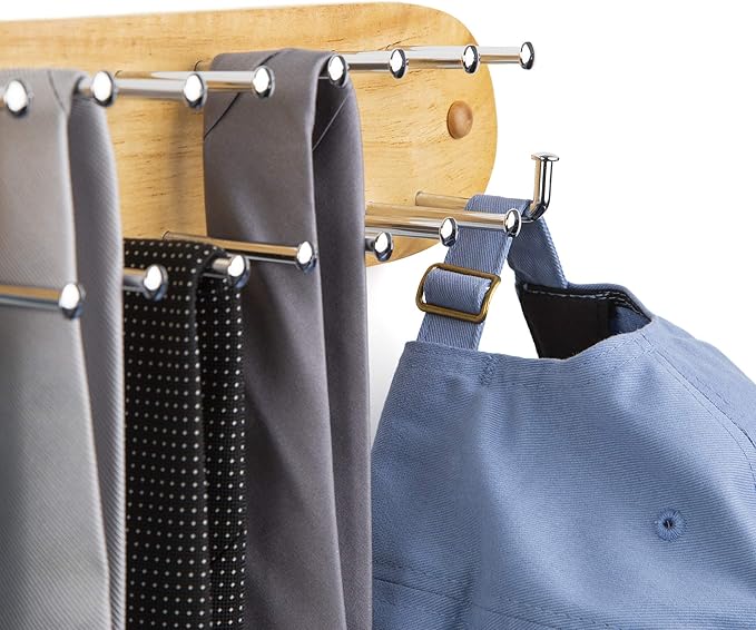 Richards Homewares Tie Rack Wall Mounted - Wood Belt Scarf Hanger with 21 Chrome Hooks for Closet for Storage and Organization Natural