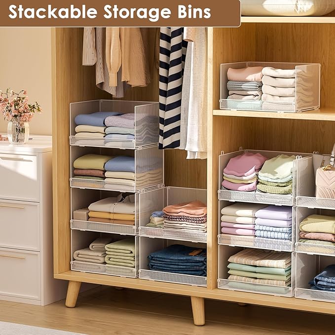 4-Tier Stackable Closet Organizers and Storage Shelves, Foldable Closet Shelf Organizer, Stackable Storage Bins Drawers for Closet Organizer System, White(Patent Pending)