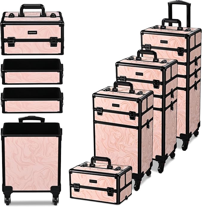 BYOOTIQUE Rolling Makeup Trollleyon Wheels 3-Piece Kit Lockable Cosmetology Organizer Cart Cosmetic Train Case Hairdressing Brush Bags for Nail Tech Beauty Salon Barbershop,CTB Pink