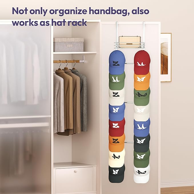 SWTYMIKI Over The Door Purse Organizer - Wall Mounted Handbag Organizer with 16 Hooks and Metal Basket, Hanging Purse Storage Rack Holds up to 16 Bags, Bag Rack Can Use As 1/2 Part, for Door, Closet