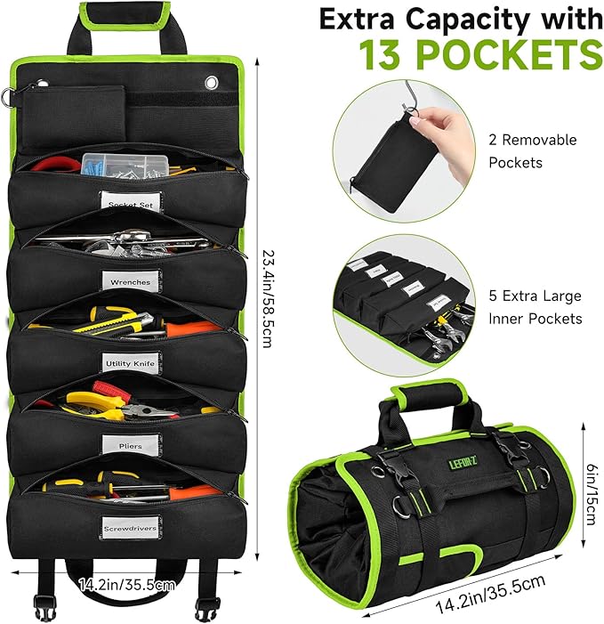 Tool Bag,Large Roll Up Tool Bag Organizer,13 Pockets Tool Roll Storage Pouch,Heavy Duty Portable Tool Storage Carrier Bag for Men,Mechanic,Electrician & Hobbyist,Black/Green