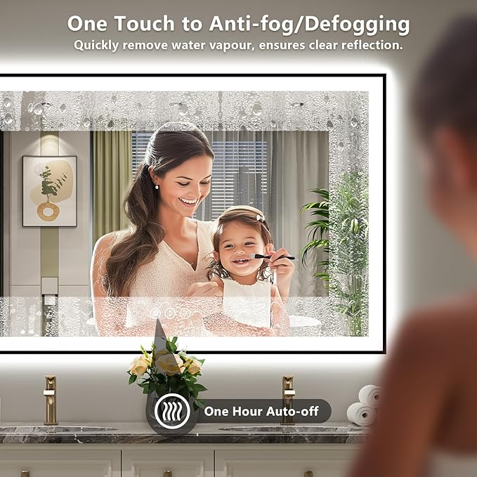 55x36 Inch LED Bathroom Mirror with Lights (Front Lit and Backlit) Black Framed Lighted Vanity Mirror for Bathroom Wall Dimmable Anti-Fog Memory Tempered Glass Horizontal/Vertical