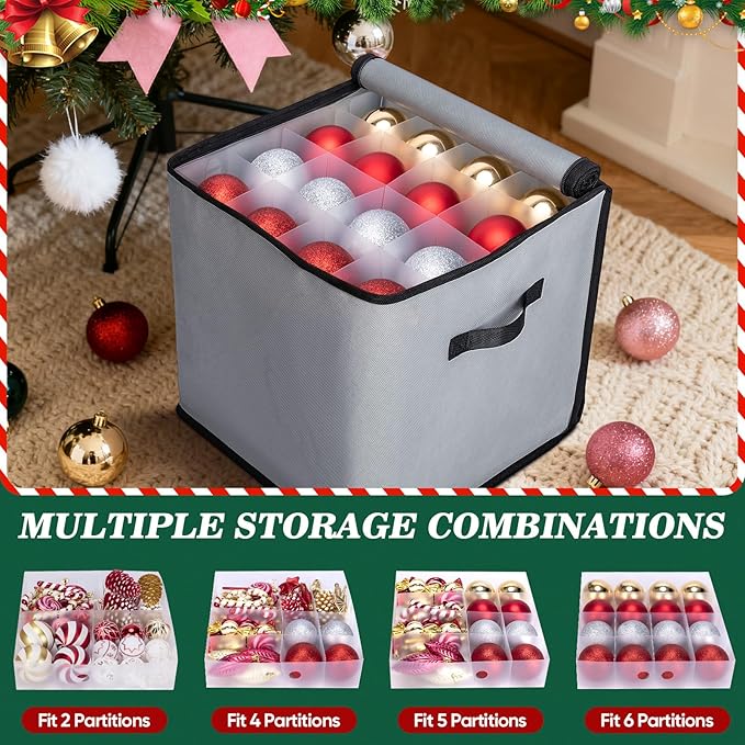 BALEINE Christmas Ornament Storage Box with Dividers, Premium Holiday Ornaments Storage Container Bin for Xmas Decorations (64 Ball, Black, Soft)